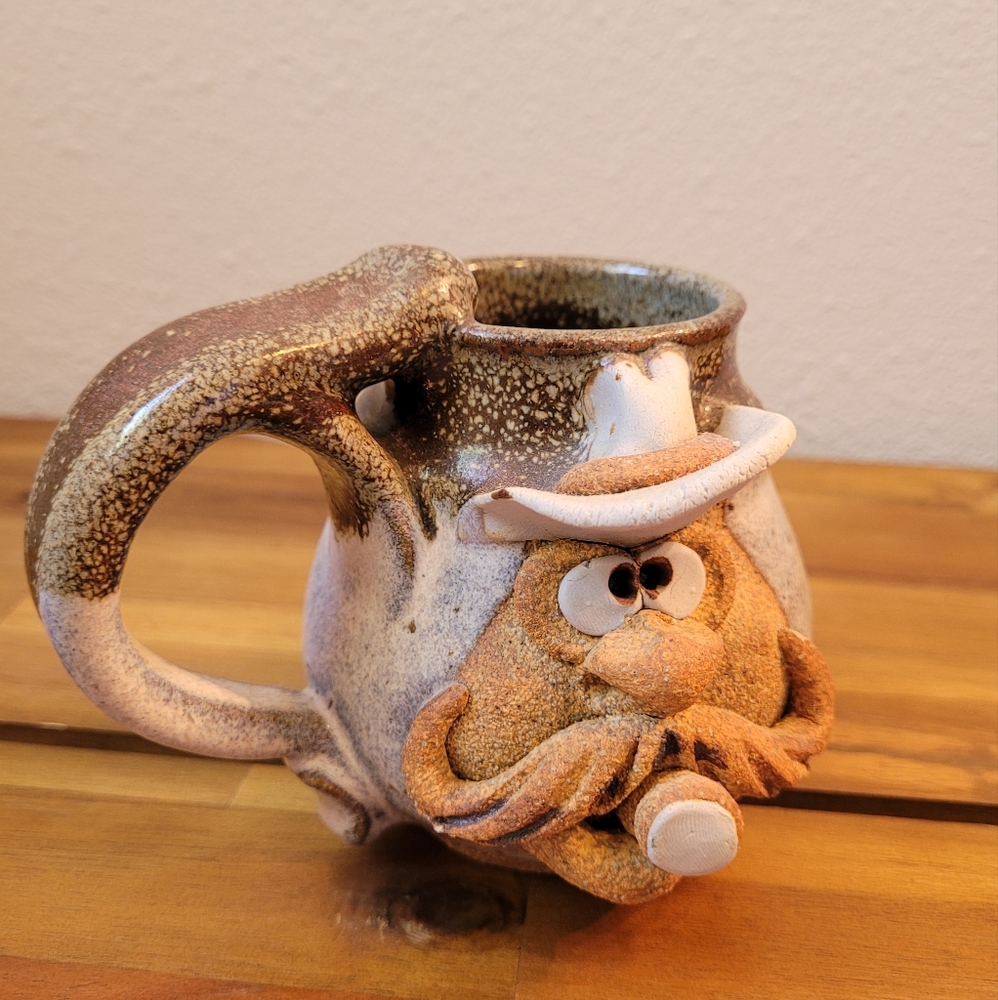 Vintage Robert Eakin Signed Art Pottery Ugly Mug Cowboy With Cigar and Mustache